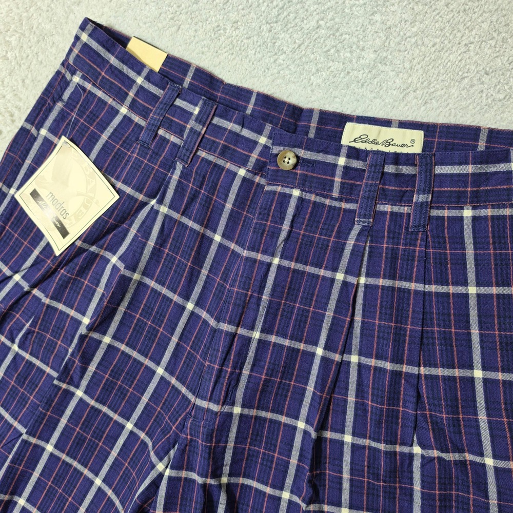 NEW! Eddie Bauer Shorts Mens 33/9 Blue Madras Windowpane Plaid Pleated Vintage
